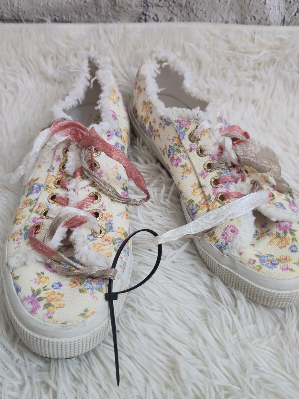 Superga X LoveShackFancy Cream Floral Coquette Canvas Fringe Sneakers - Picture 2 of 14
